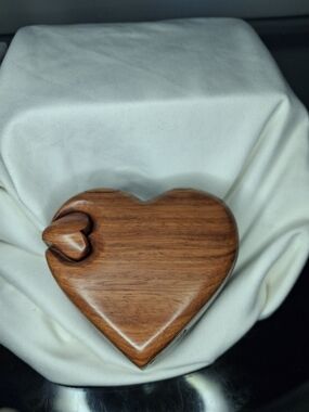 Handcrafted Heart-Shaped Wooden Trinket Box - Warm Wood Tone(Signed)